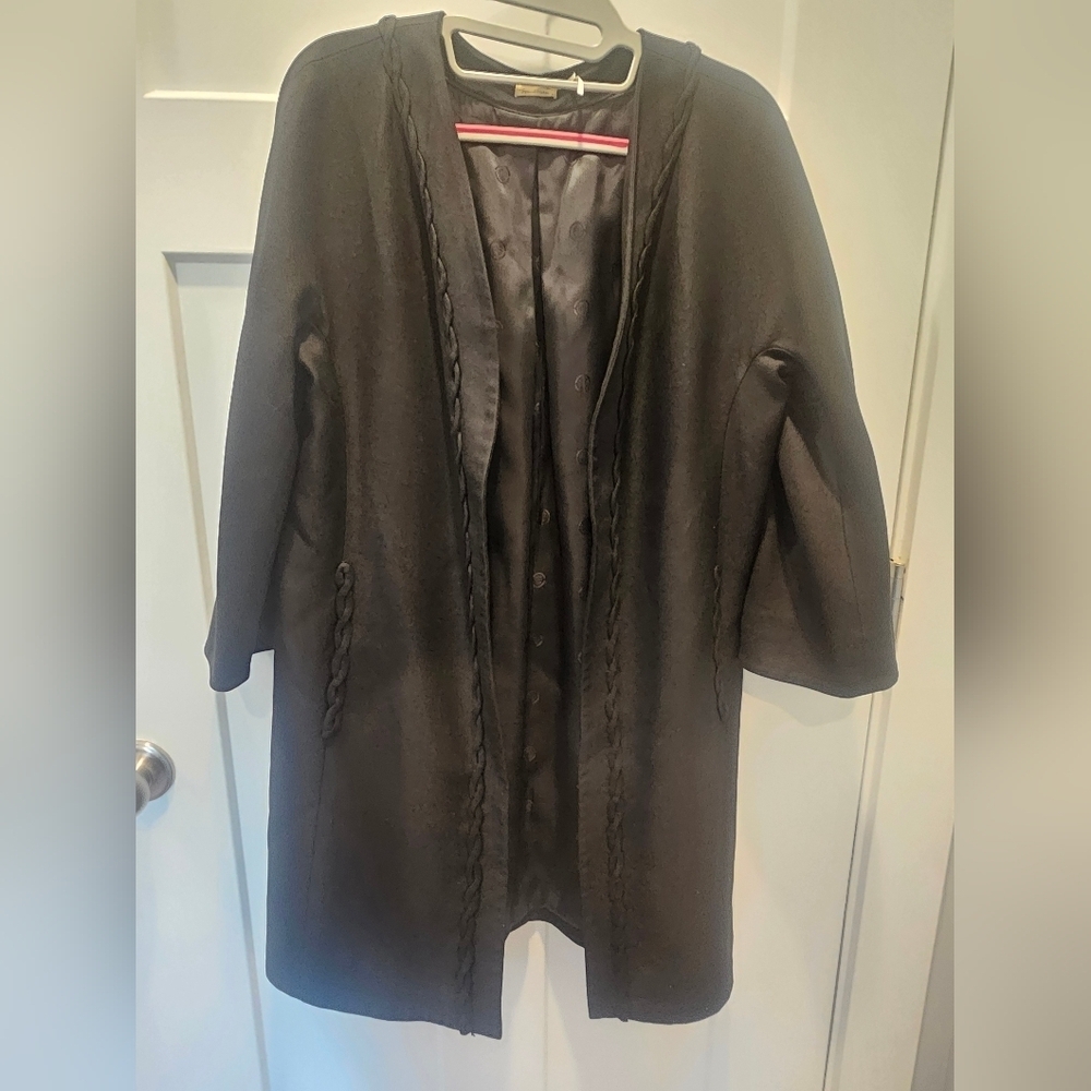 Max Studio Special Edition Silk Blend Open Front Coat One Size Black Braided Trm